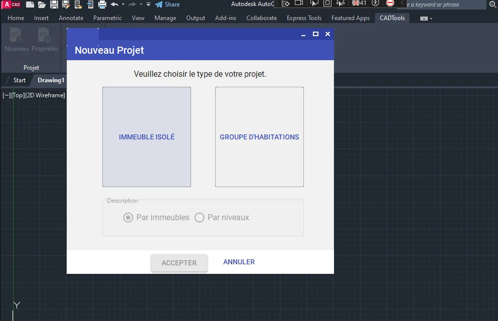 Capture publiée de CADTools dans AutoCAD : dialogue de création d’un nouveau projet