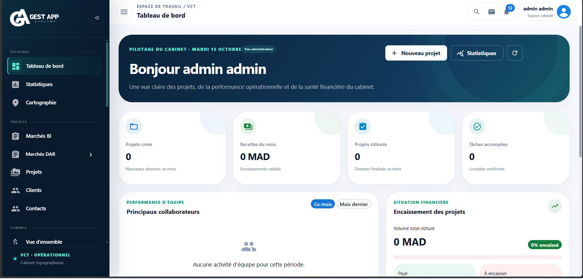 Tableau de bord GEST APP VCT : indicateurs de projets, recettes, tâches et encaissements dans une vue sans activité affichée